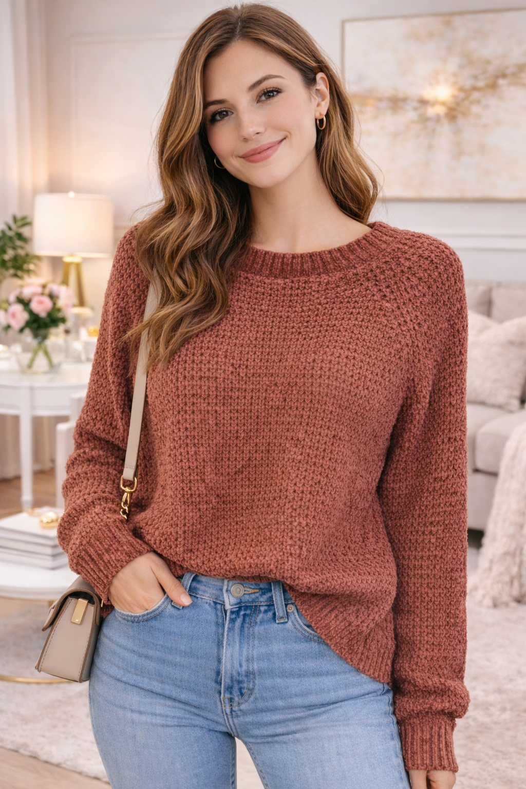 Suéter Tejido Básico para Mujer – Suéter Casual Elegante Manga Larga