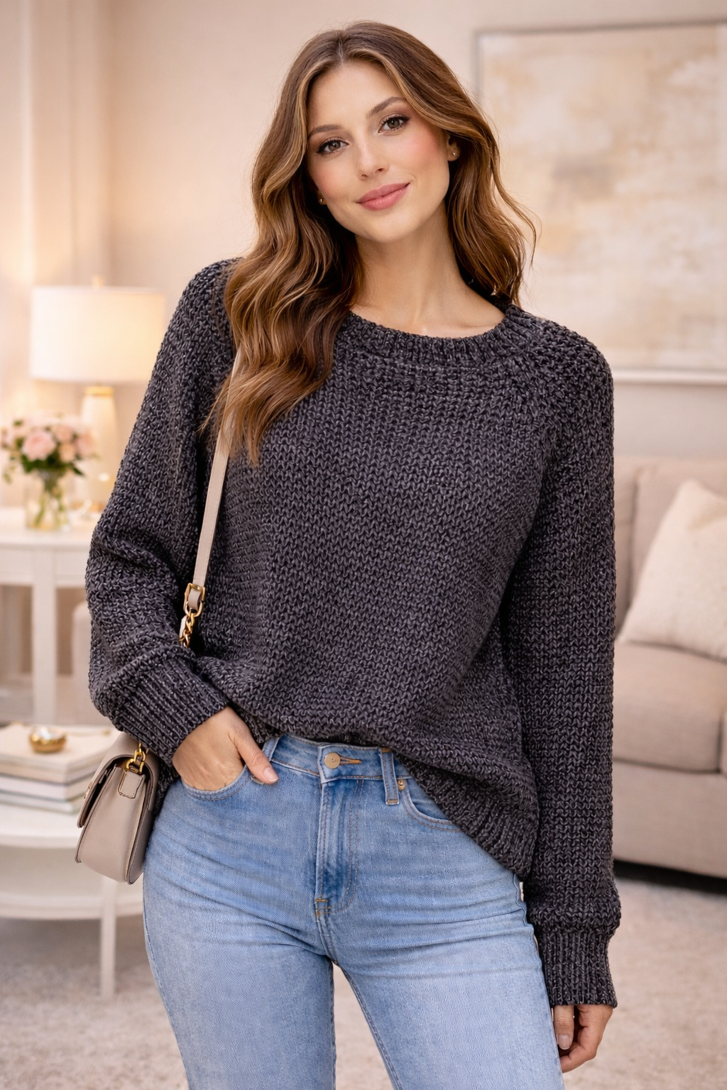 Suéter Tejido Básico para Mujer – Suéter Casual Elegante Manga Larga