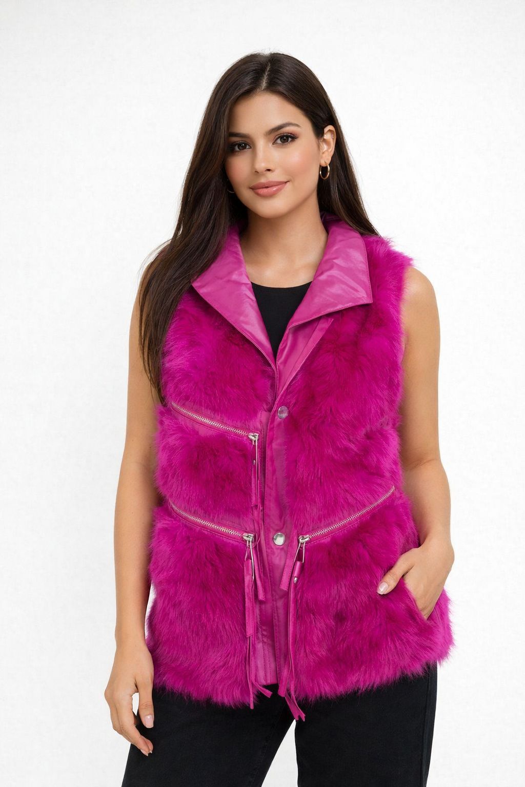 Chaleco Peluche Mujer Moda – Chaleco Acolchado Elegante con Bolsas y Cierre