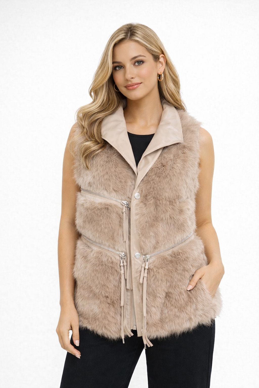 Chaleco Peluche Mujer Moda – Chaleco Acolchado Elegante con Bolsas y Cierre